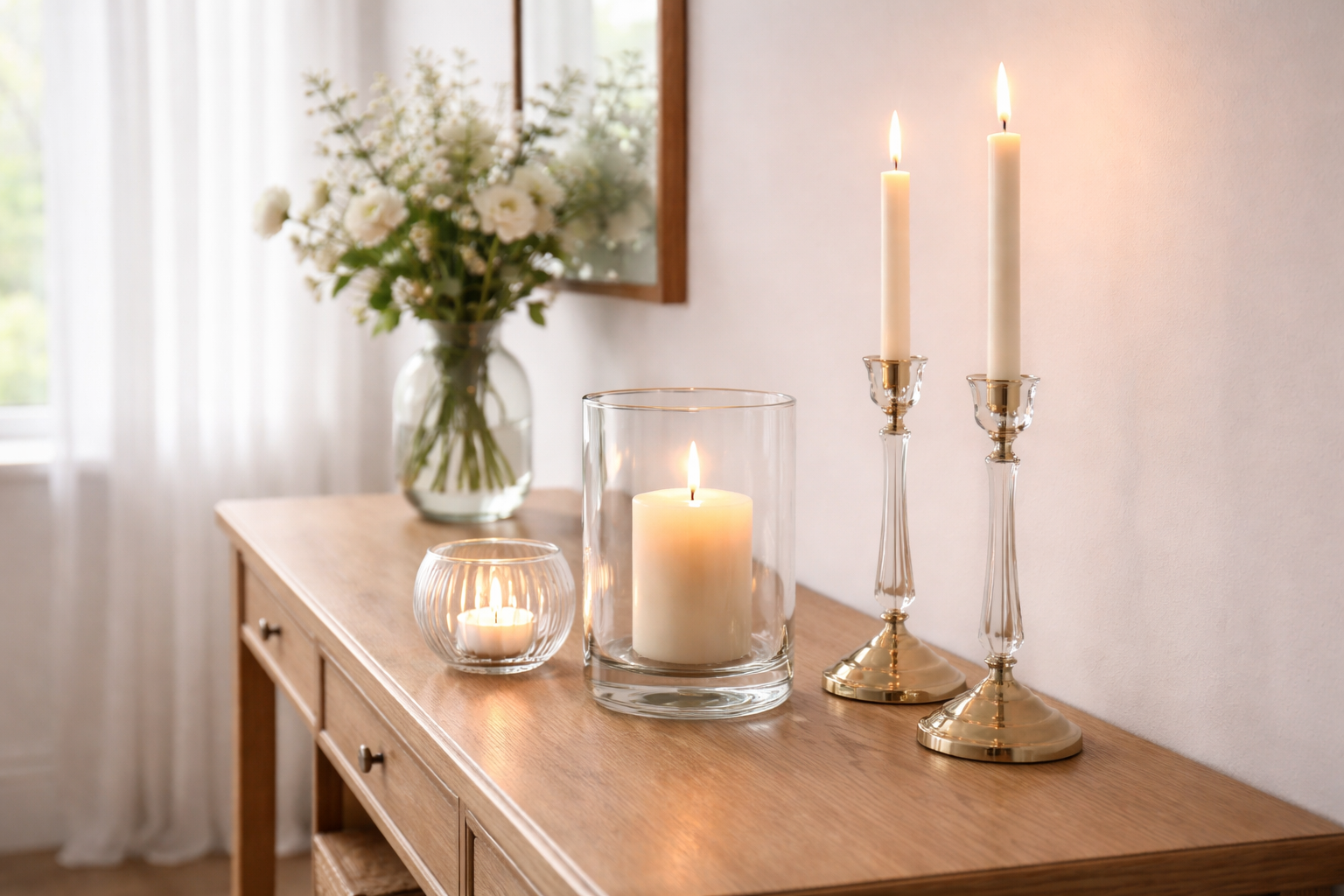 Bougeoir en verre, photophore et chandelier posés sur une console en bois dans un intérieur lumineux