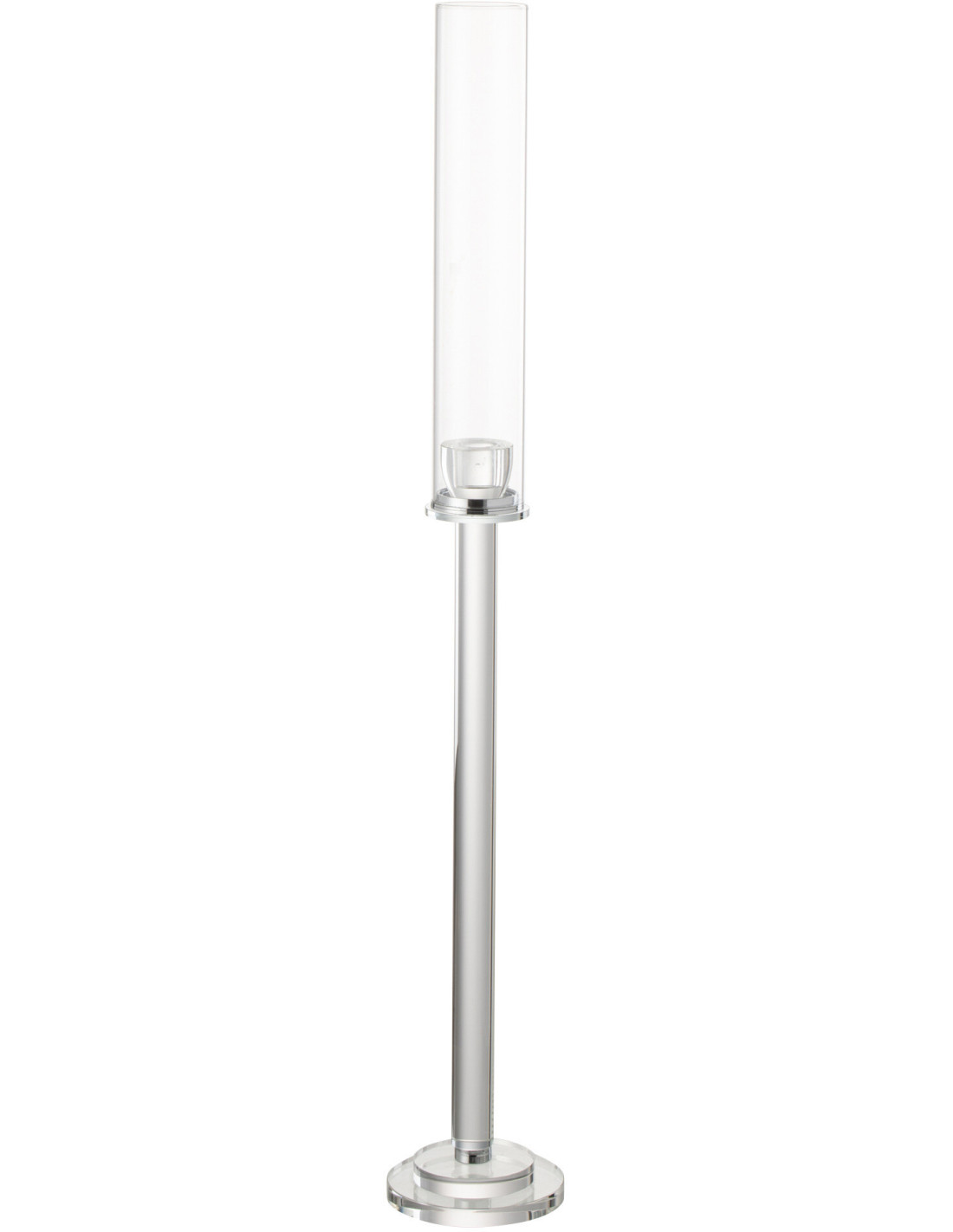 Bougeoir sur pied design Urion en verre transparent, hauteur 80 cm, dans un salon contemporain