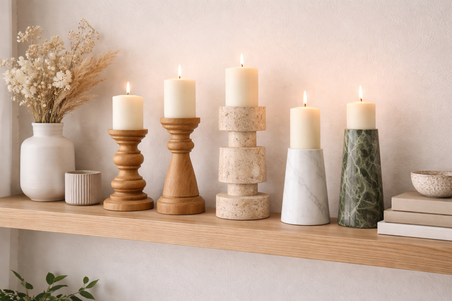 Bougeoirs en bois de manguier, travertin et marbre disposés sur une étagère murale dans un intérieur aux tons naturels
