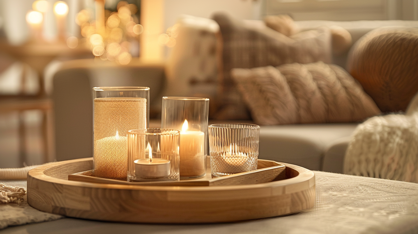 Composition de bougeoirs en verre et bois sur un plateau déco posé sur une table basse dans un salon cosy
