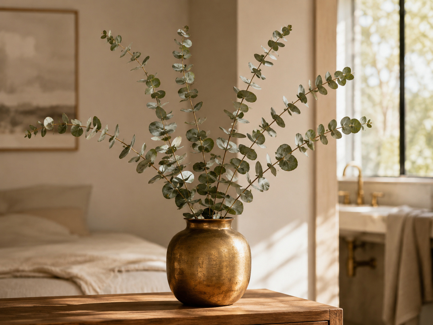 Branches d’eucalyptus séchées dans un vase en laiton aux reflets chauds.