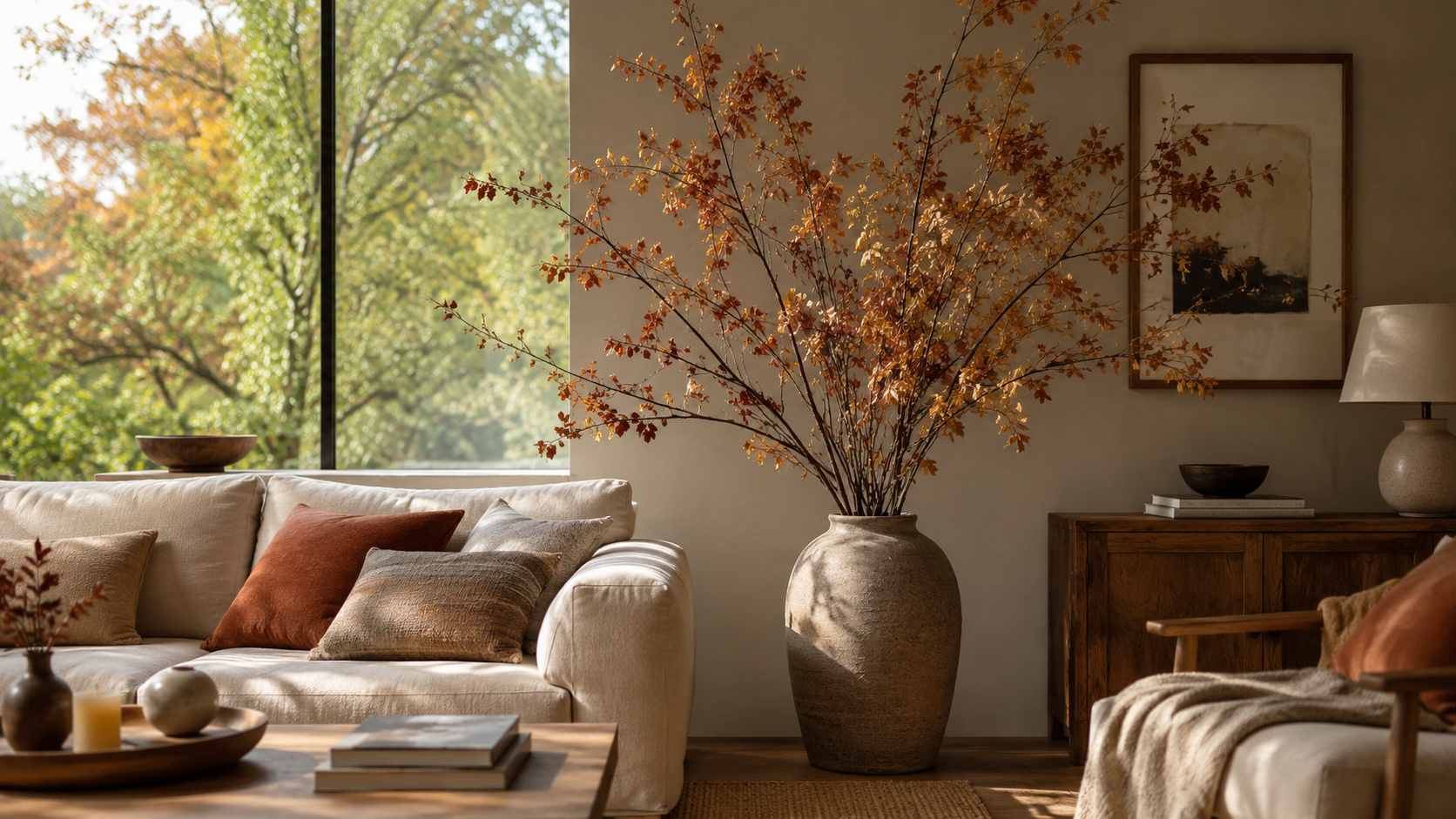 Salon chaleureux décoré avec de grandes branches d’automne dans un vase de sol en grès.