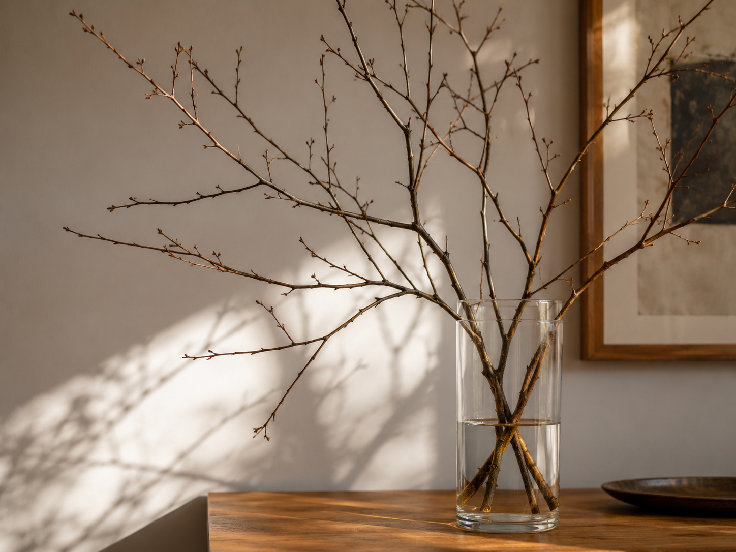 Branches nues et graphiques dans un vase transparent éclairées par une lumière naturelle douce.