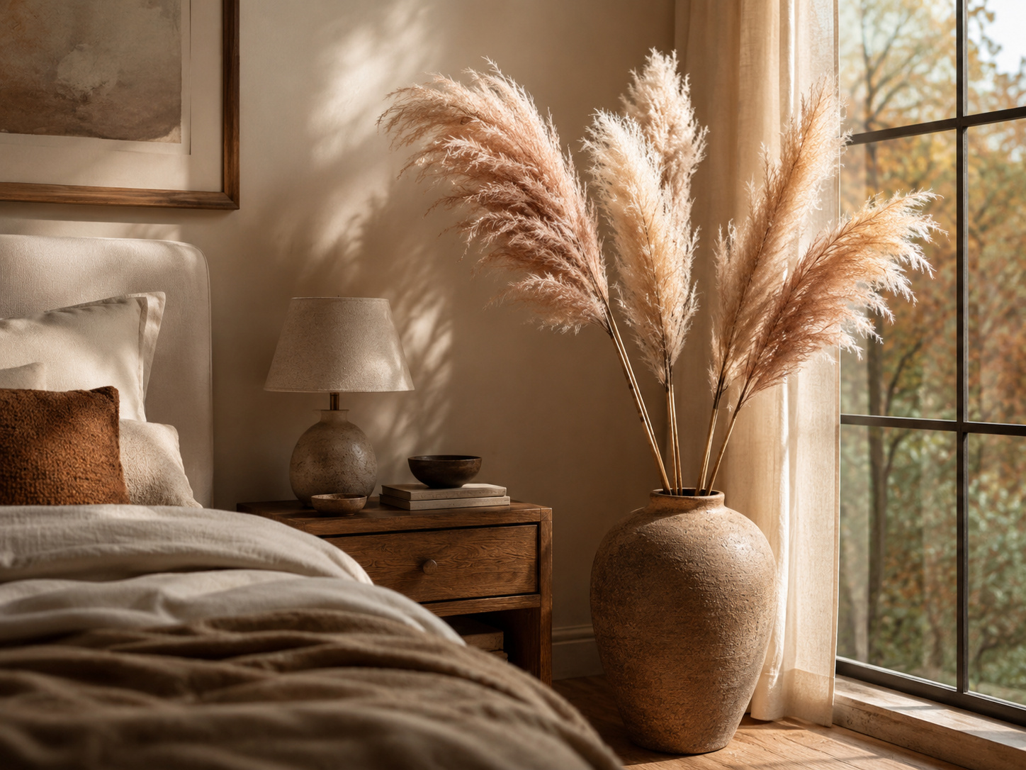 Grand vase de sol rempli de tiges de pampa dans une chambre chaleureuse aux tons naturels.