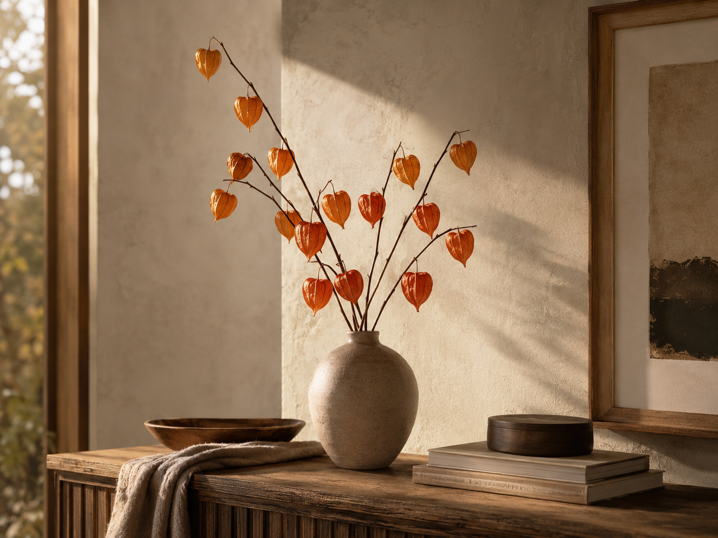 Tiges de physalis orangées dans un vase en céramique mate sur un meuble en bois.