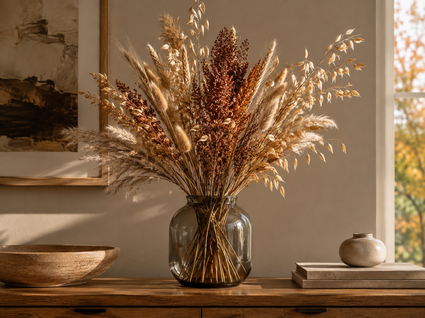 Bouquet généreux de tiges séchées dans un vase en verre fumé aux tons ambrés.