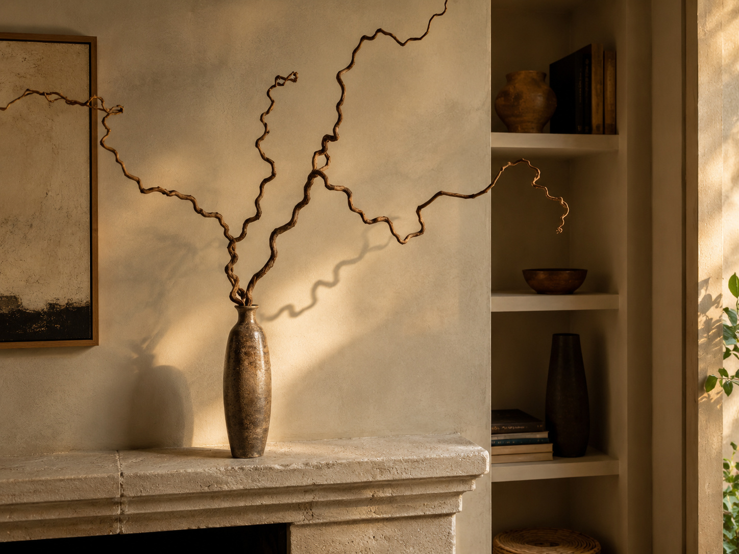 Branches torsadées très graphiques présentées comme une sculpture végétale dans un vase étroit.