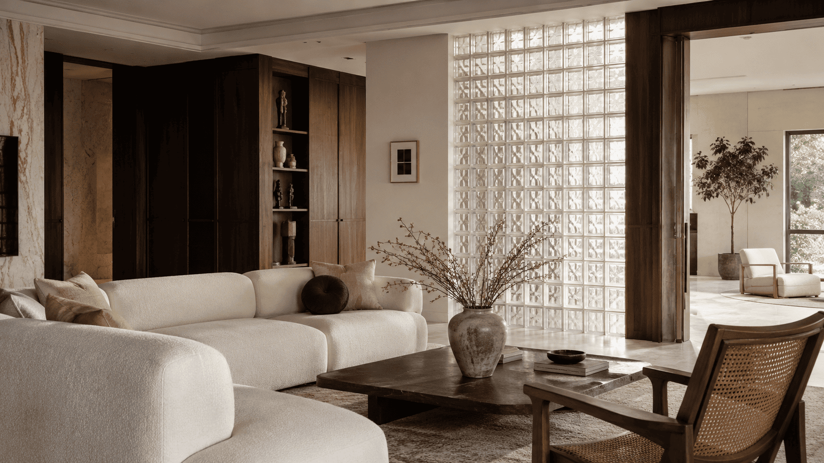 Intérieur contemporain avec cloison en briques de verre, lumière douce et mobilier actuel.