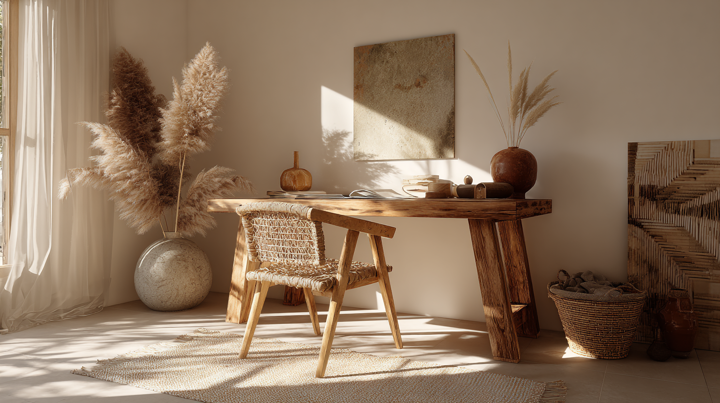 Bureau afro bohème avec matières naturelles et motifs ethniques