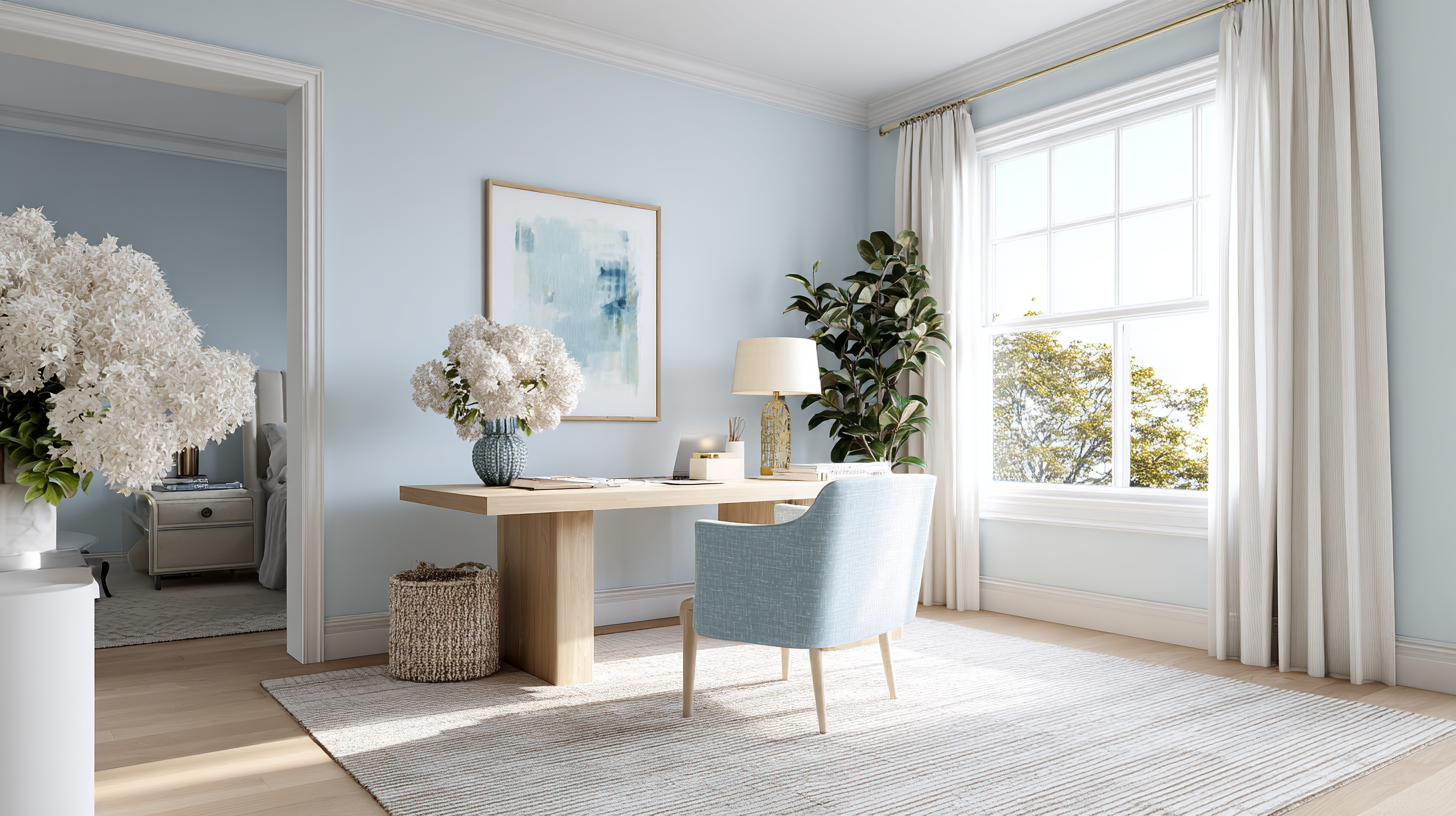 Bureau bleu ciel apaisant et lumineux