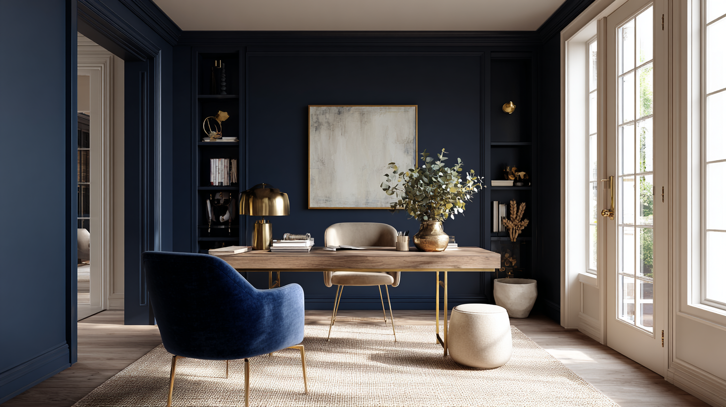 Bureau bleu nuit sophistiqué avec laiton et bois clair