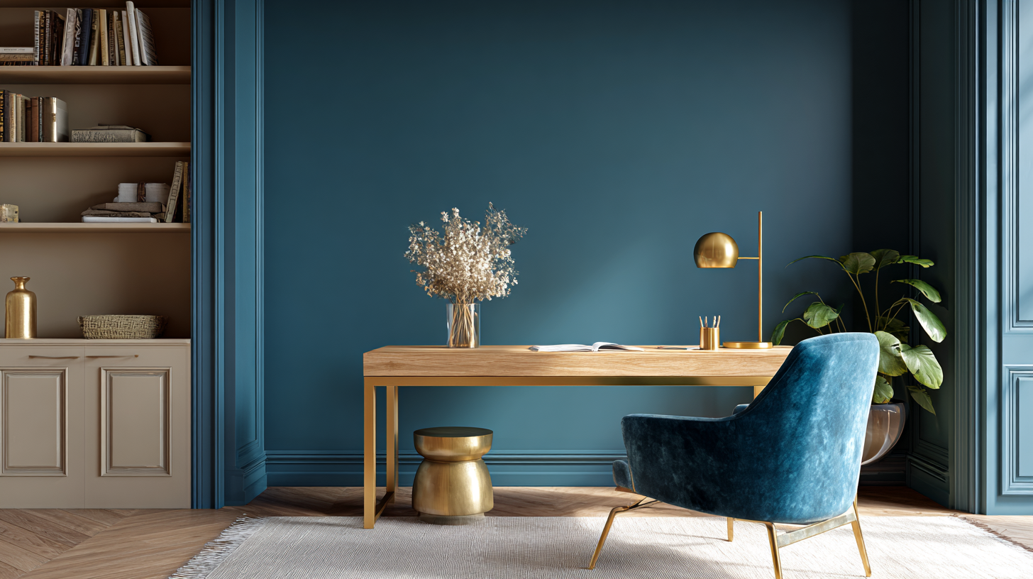 Bureau bleu pétrole élégant avec velours et laiton