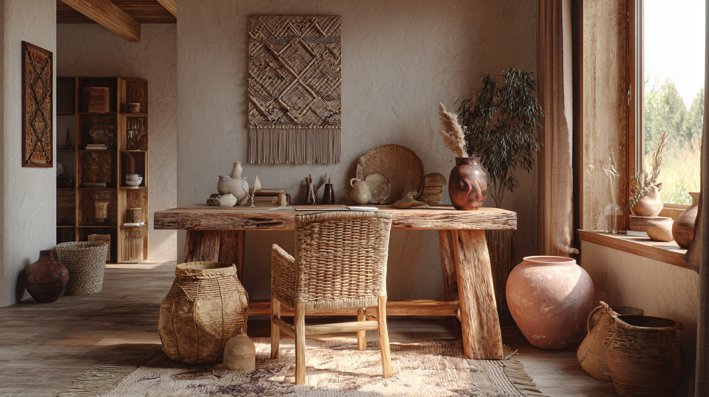 Bureau bohème bucolique avec matières naturelles et végétaux