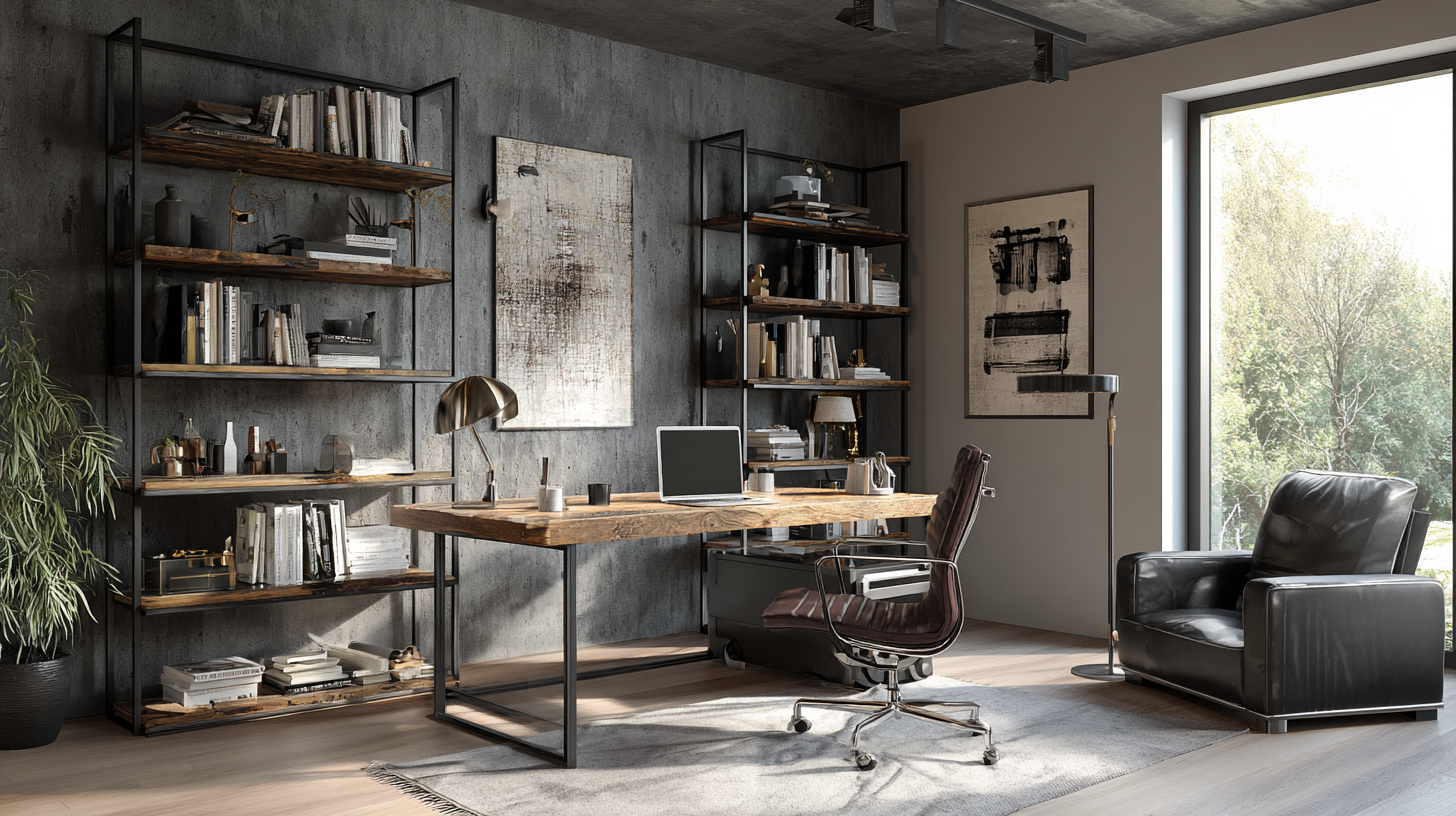 Bureau industriel graphique avec métal et bois brut