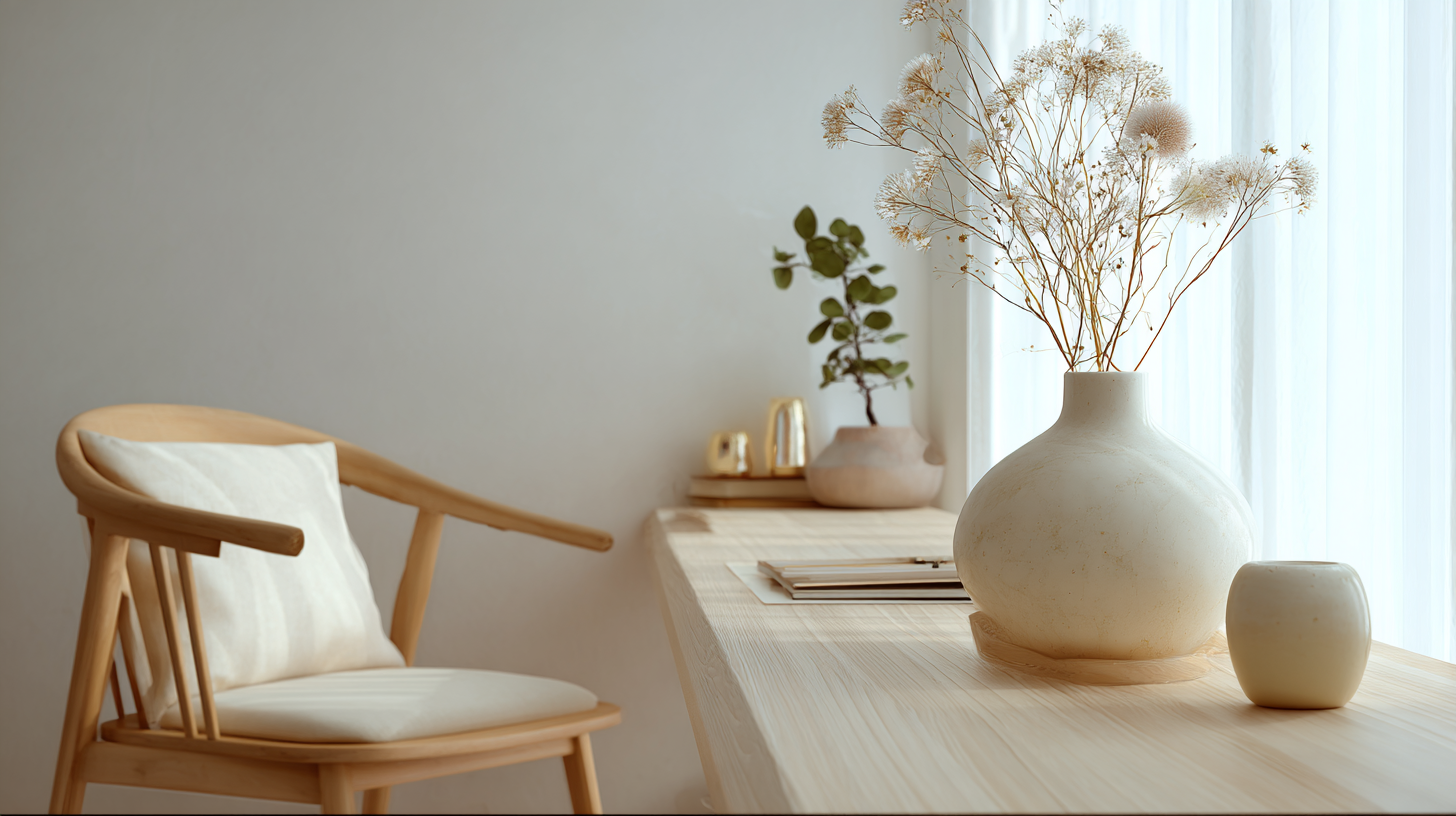 Bureau japonisant épuré avec bois clair et zen