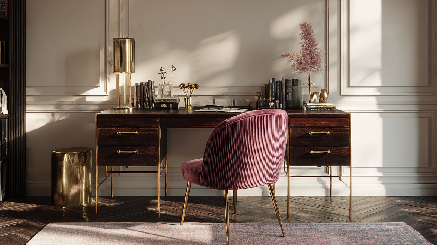 Bureau rétro glam années 70 avec velours et doré