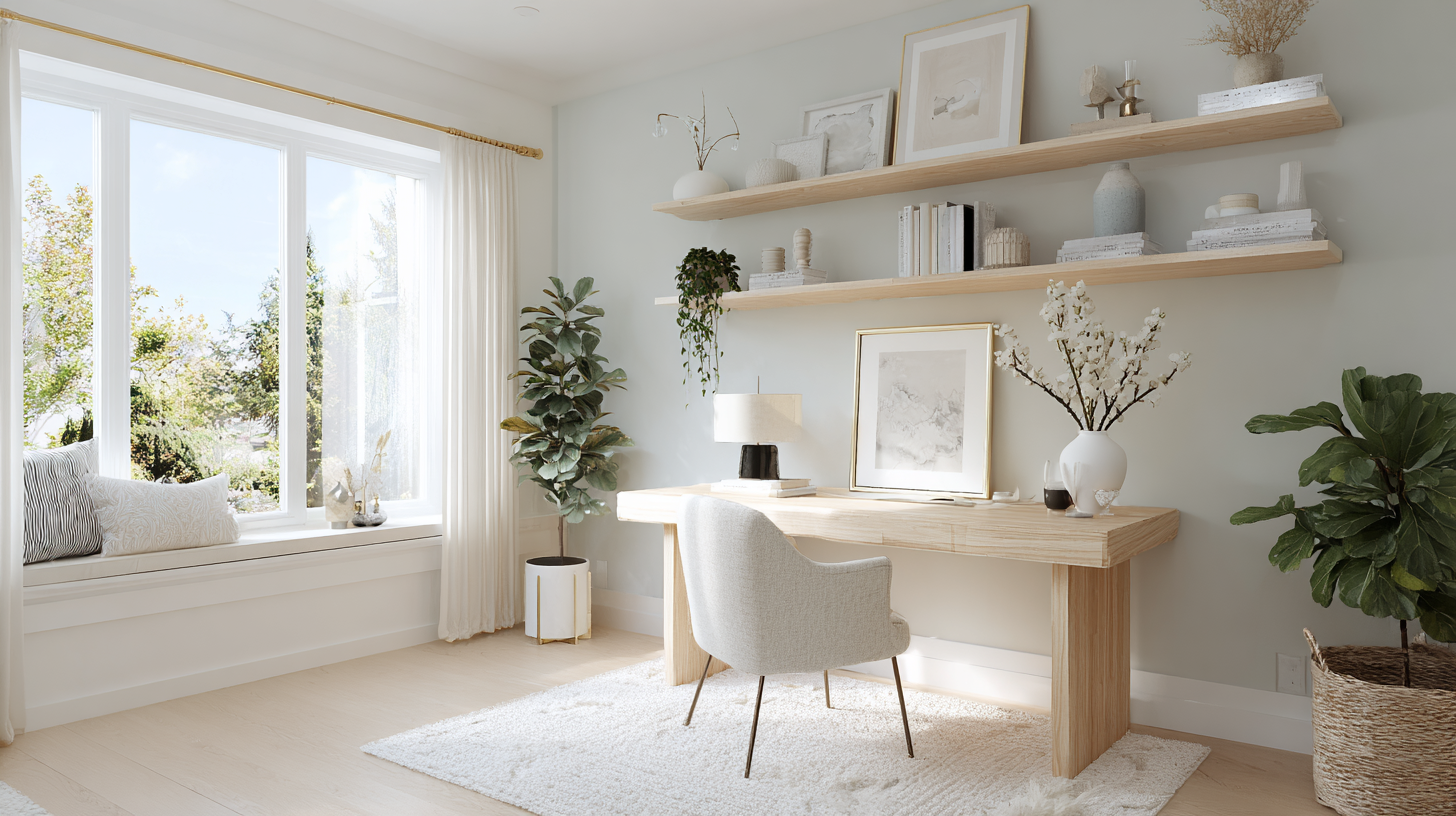 Bureau scandinave minimaliste avec bois clair et lin