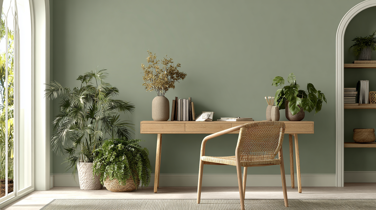 Bureau vert sauge apaisant avec bois clair et plantes