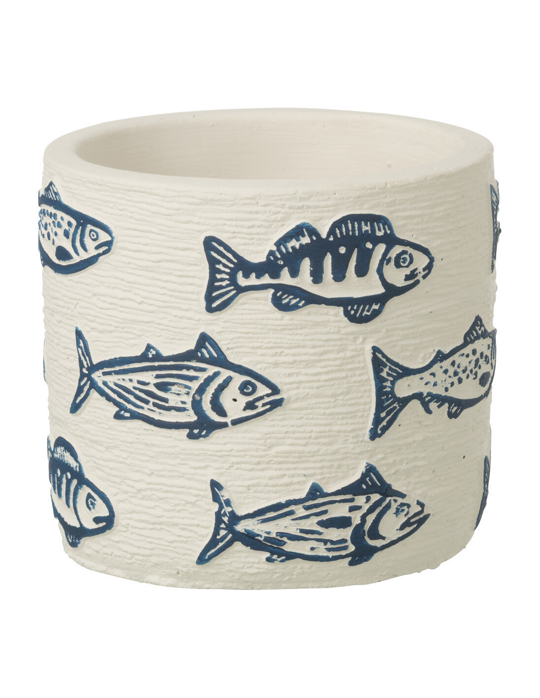 Cache-pot extérieur bord de mer Rond D 11 cm Ciment Blanc Motif poissons Bleu Aqualo