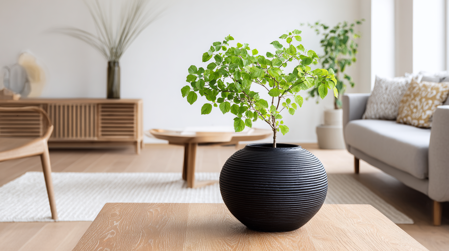 Cache-pot noir en céramique avec plante verte dans un salon contemporain lumineux