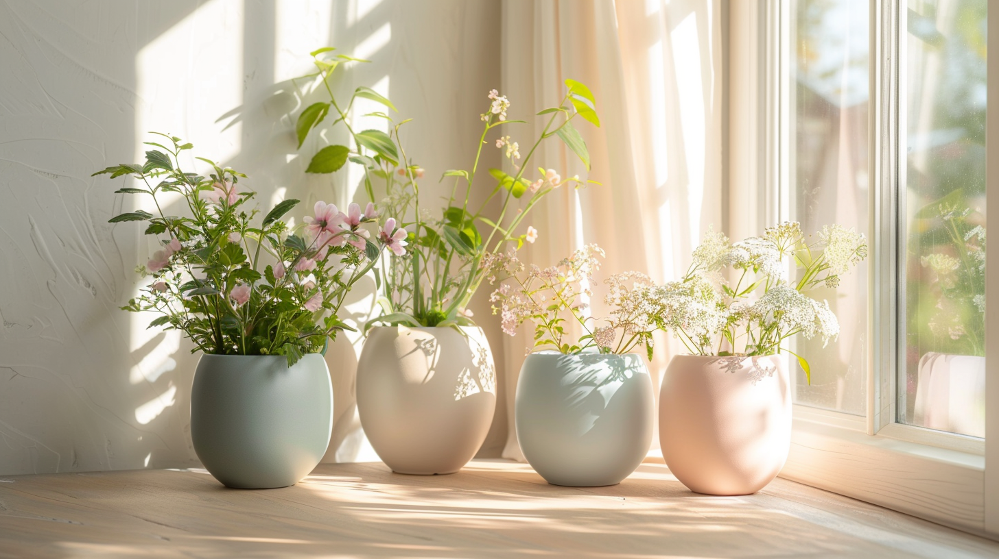 Cache-pots pastel en céramique dans un intérieur lumineux de printemps avec plantes vertes et ambiance douce et naturelle