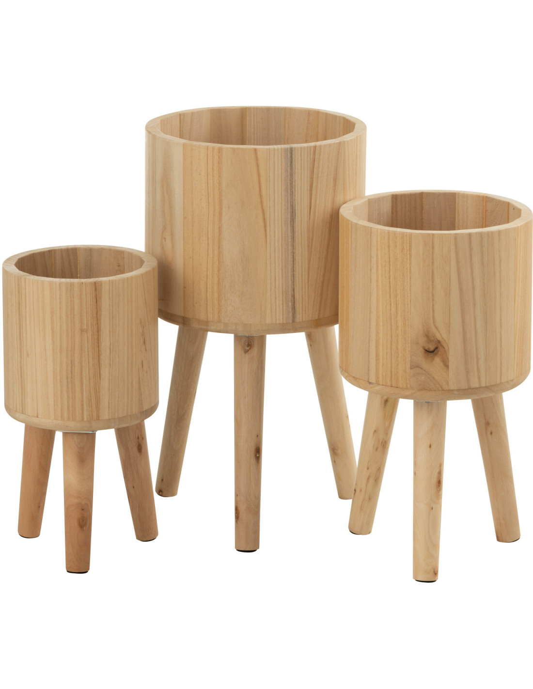 Cache-pot sur pied en bois naturel, lot de 3 tailles, finition brute et chaleureuse