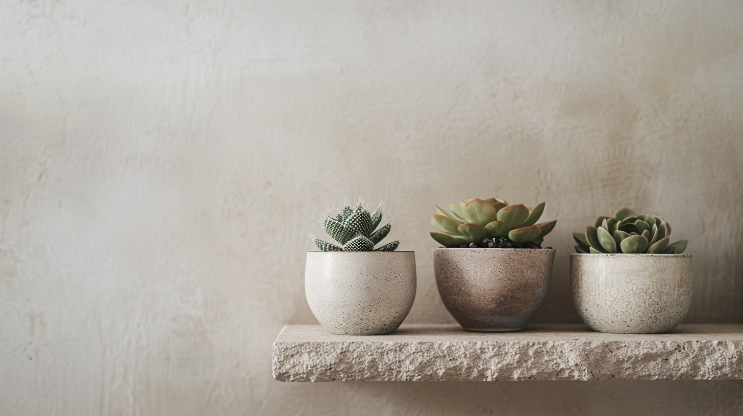 Petits cache-pots en céramique alignés sur une étagère avec succulentes et mini-cactus