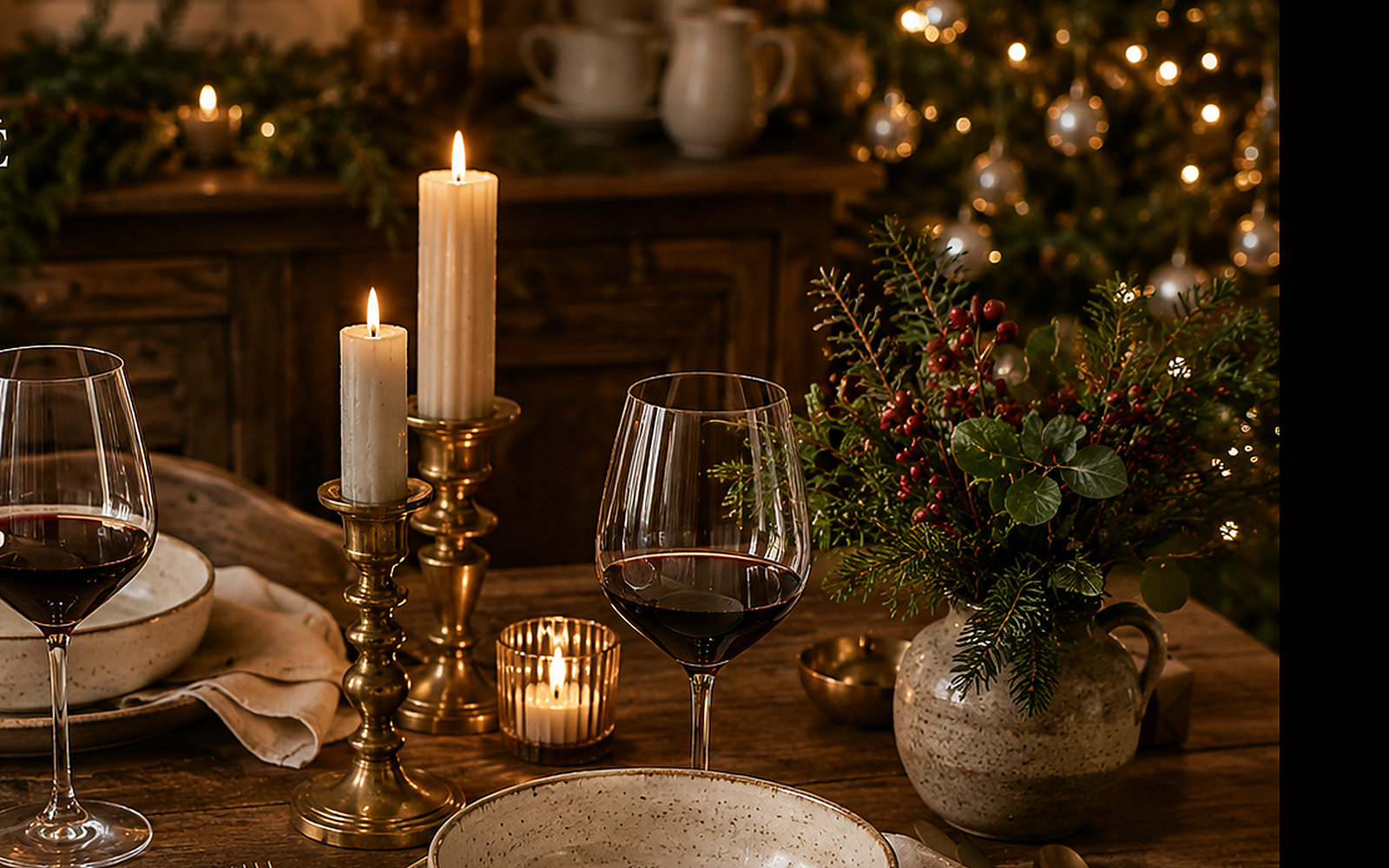 Table de Noël dressée pour deux avec verres à pied, vaisselle en grès, bougies et végétaux.