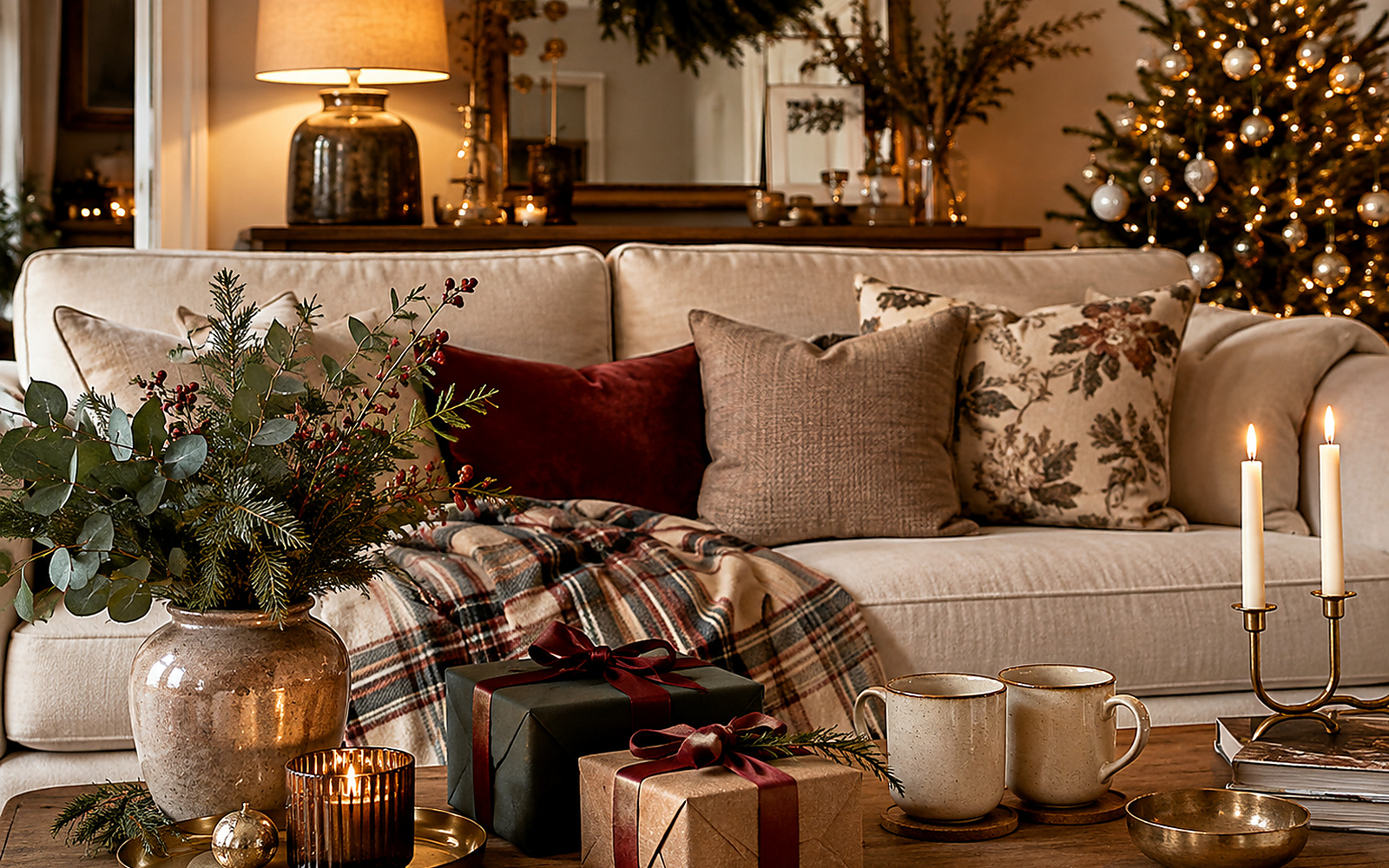 Salon de Noël chaleureux avec canapé crème, sapin lumineux, cadeaux et objets déco pensés pour un couple.