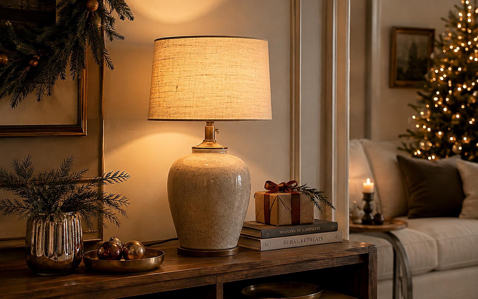 Lampe à poser en céramique diffusant une lumière chaude dans un coin salon décoré pour Noël.