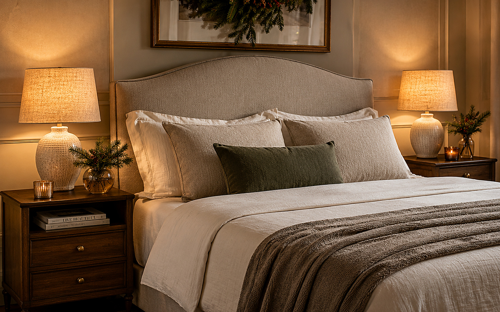 Chambre élégante de Noël avec deux lampes de chevet assorties, bois foncé et linge de lit clair.