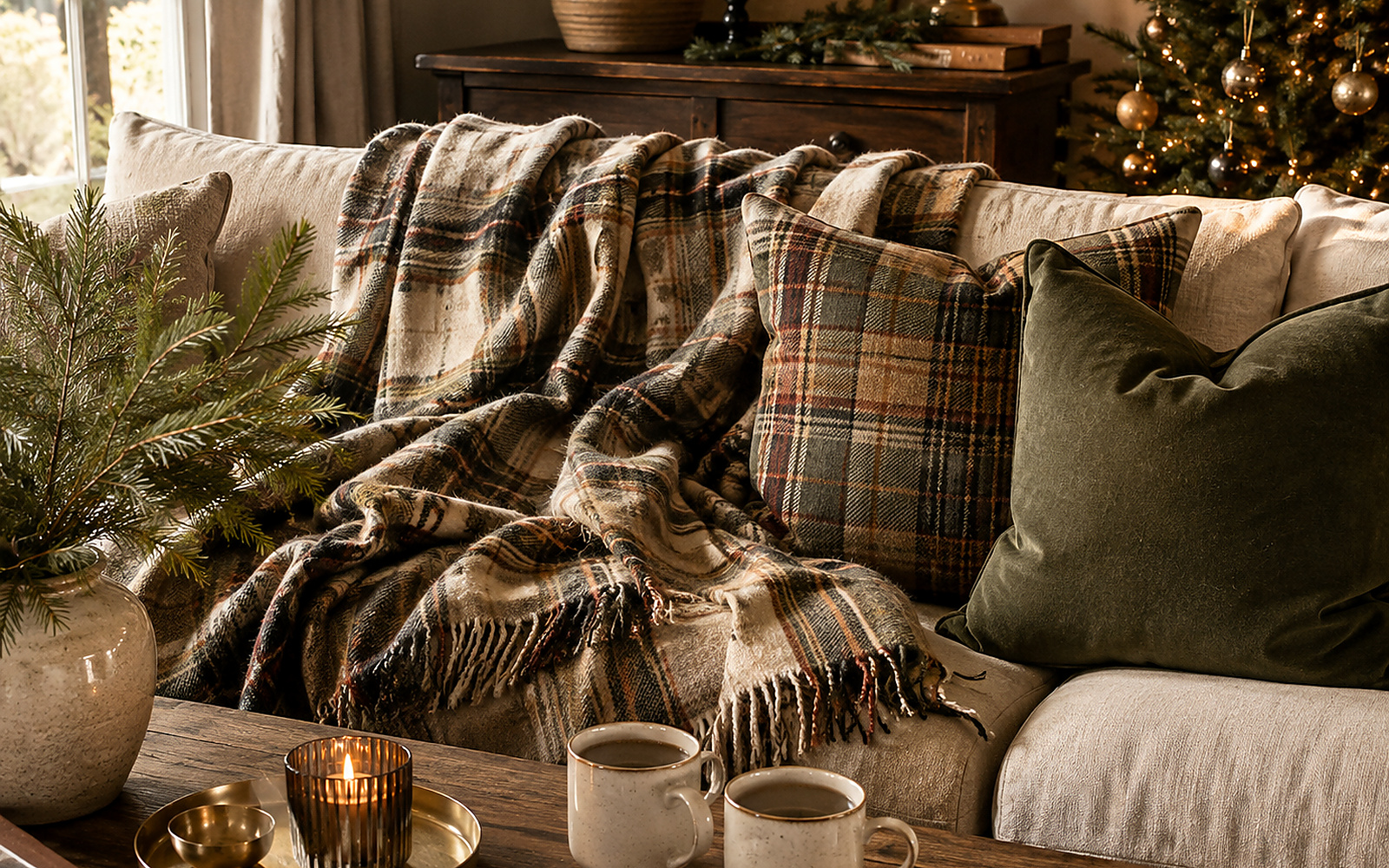 Canapé de Noël avec grand plaid à carreaux, coussins texturés et lumière chaleureuse.