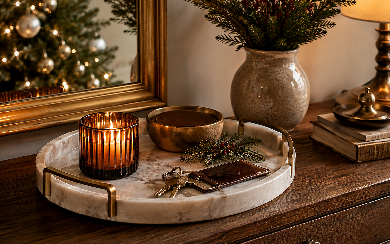 Plateau en pierre claire avec photophore ambré, objet en laiton et petits accessoires sur une console.