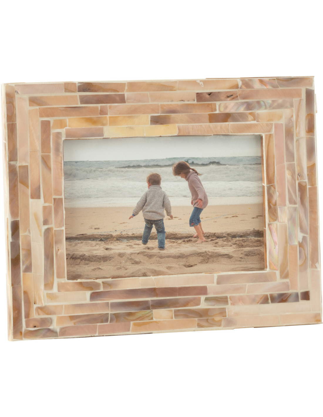 Cadre photo Nuye en bois et coquillage beige, motif mosaïque, format 15x10 cm, esprit bord de mer