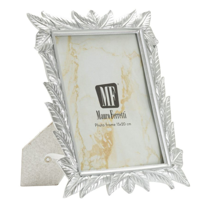 Cadre photo Leavy en résine argentée avec motif feuilles tropicales, format 15x20 cm