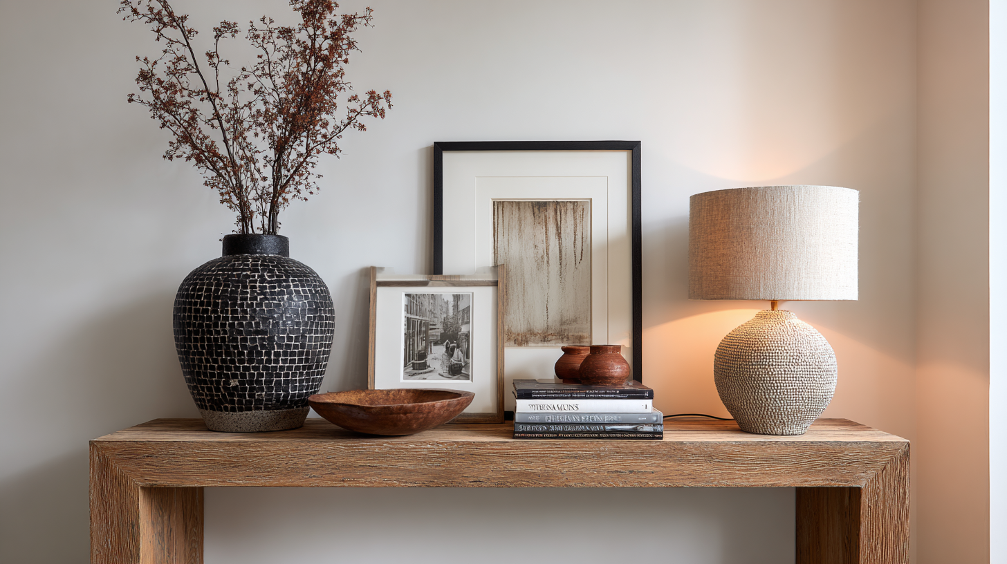 Cadres photo originaux disposés sur une console d'entrée avec vase et lampe, composition décorative chaleureuse