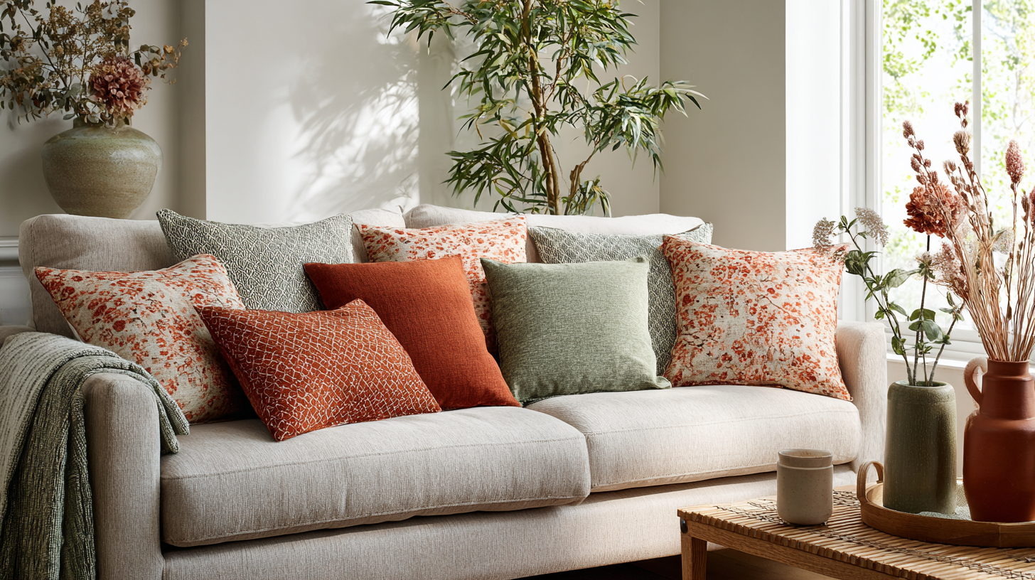 Canapé de salon avec coussins décoratifs aux teintes sauge et terracotta clair, ambiance printanière douce et lumineuse