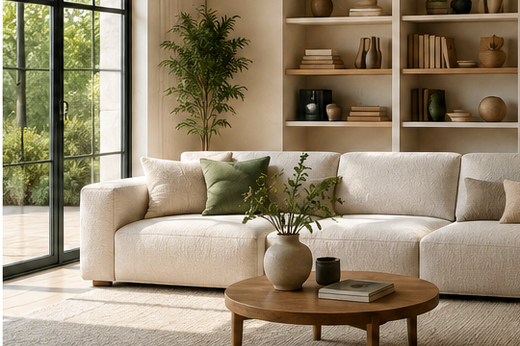 Canapé droit clair dans un salon avec grandes fenêtres, table basse ronde et décoration naturelle.