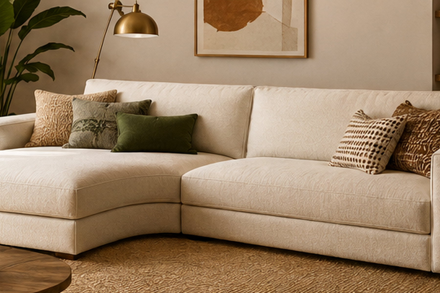 Grand canapé beige dans un salon contemporain chaleureux avec table basse en bois et tapis texturé.