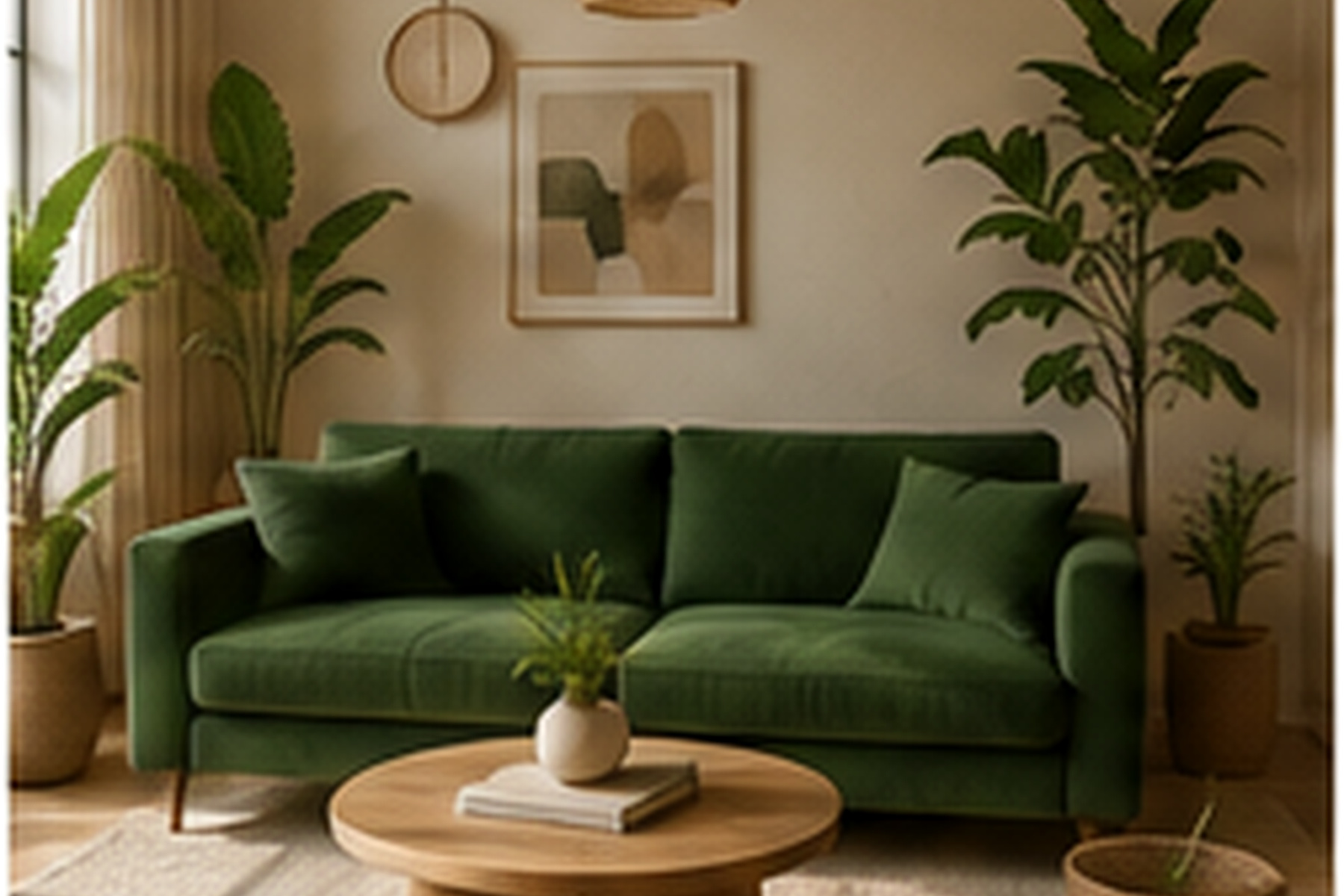 Canapé en velours vert profond dans un salon naturel avec plantes et table basse en bois.