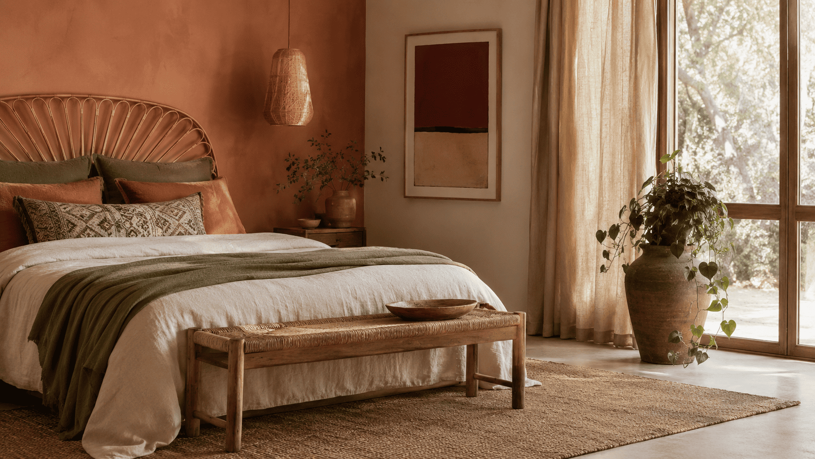 Chambre adulte bohème avec rotin sobre, coussins texturés, tapis naturel et cache-pot céramique.