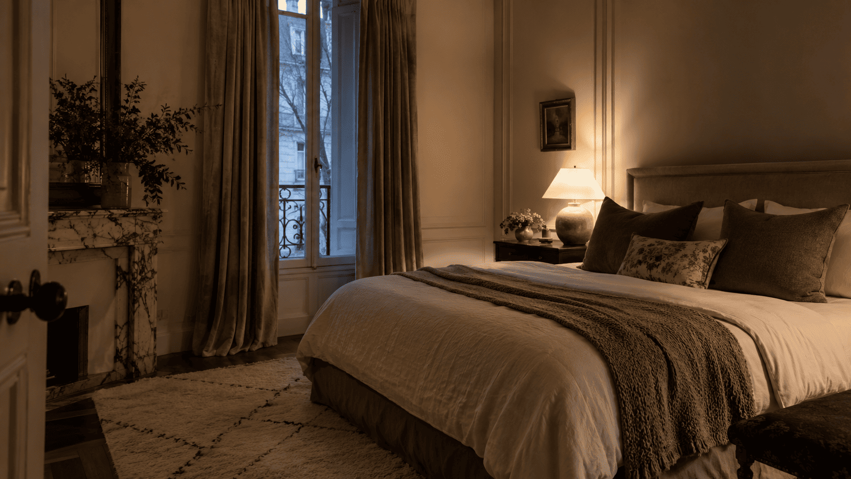 Chambre adulte cosy avec lampe de chevet, rideaux longs, plaid épais, coussins et lumière chaude.