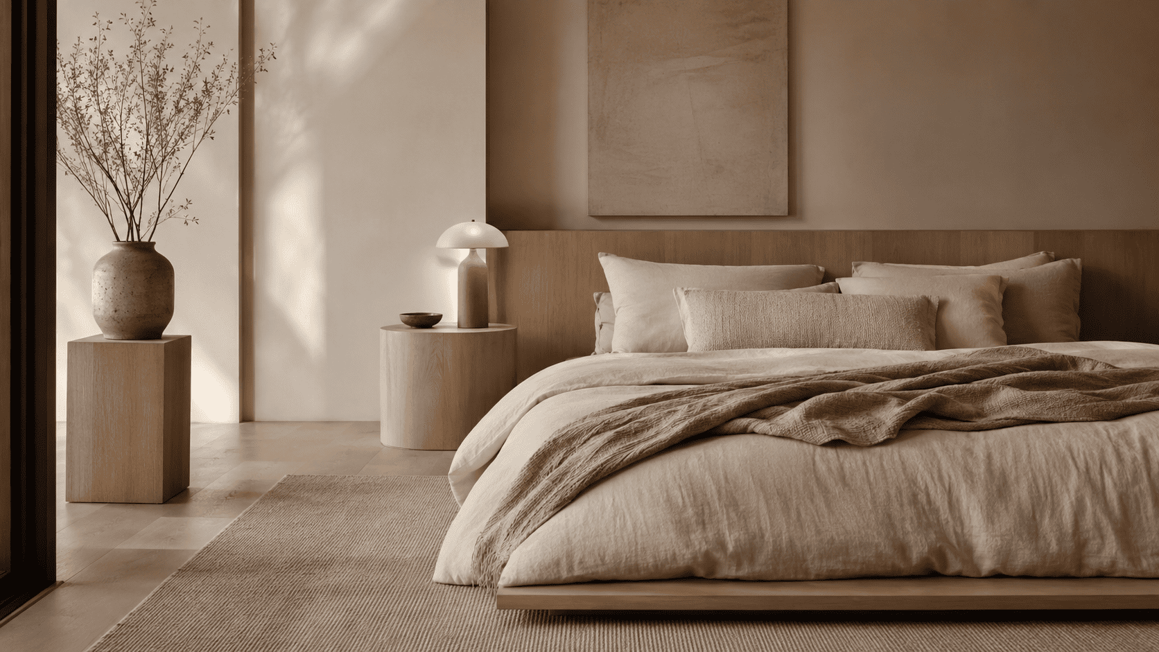 Chambre adulte japandi avec bois clair, sellette, vase céramique, linge naturel et lumière douce.