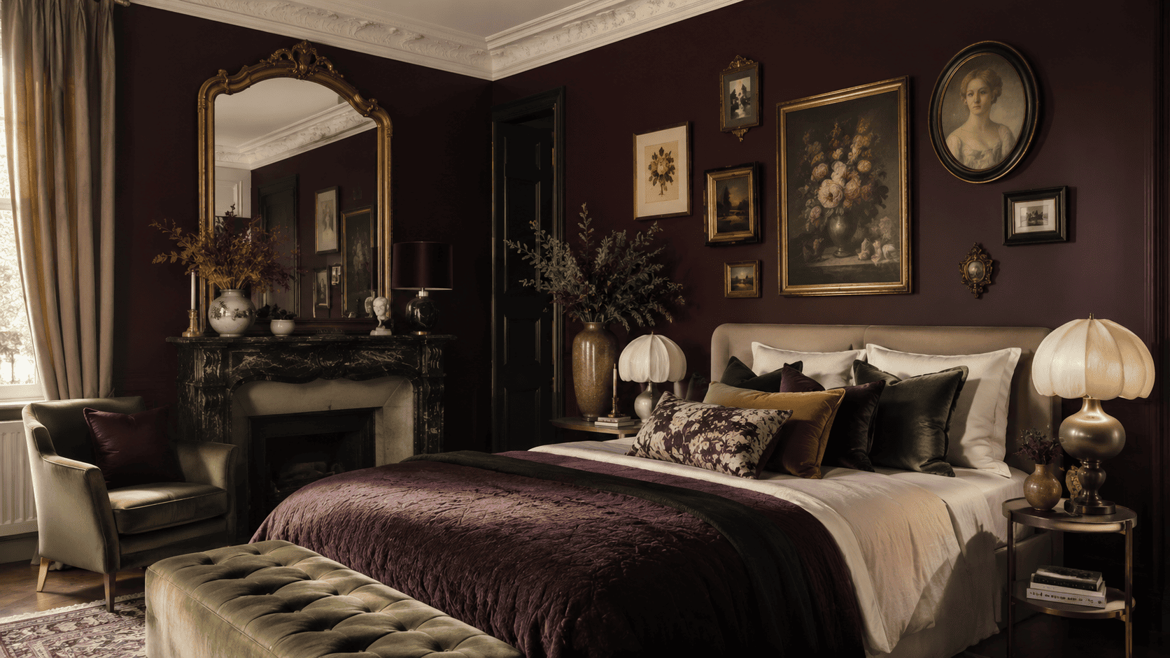 Chambre adulte maximaliste avec couleur profonde, luminaires sculpturaux, coussins velours et objets déco.