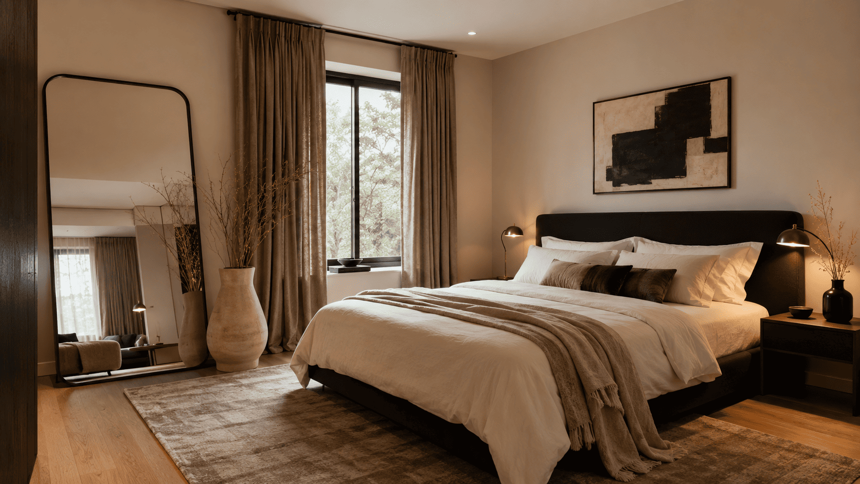 Chambre adulte moderne minimaliste avec miroir grand format, linge clair, vase sculptural et mobilier épuré.