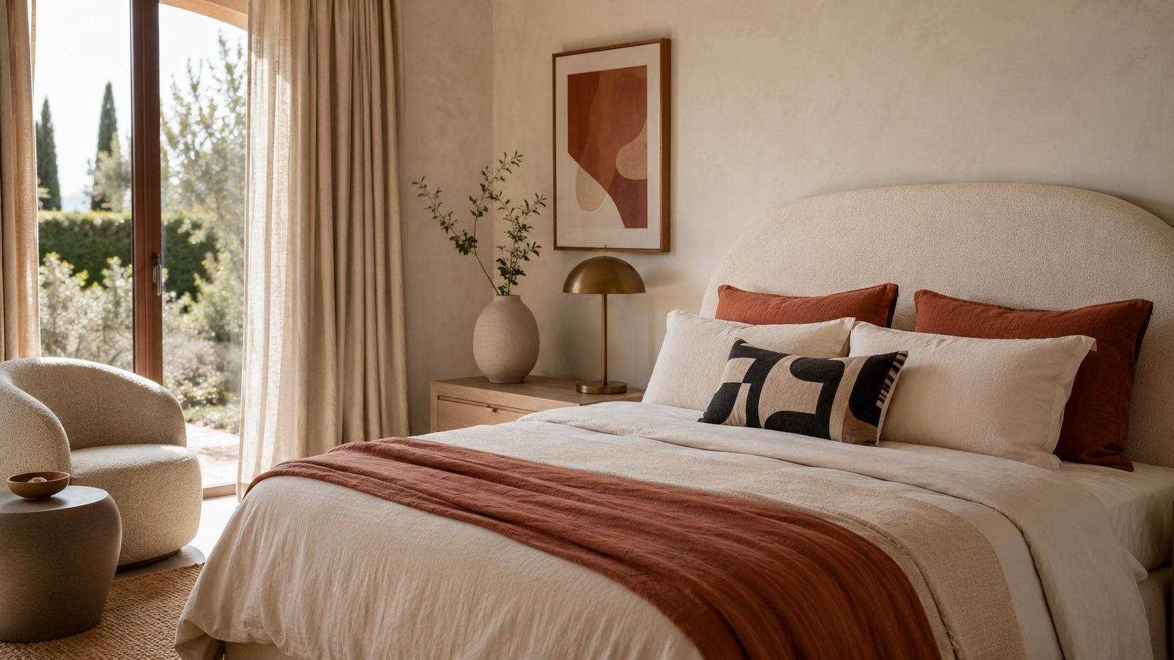 Chambre contemporaine avec linge de lit clair, lampe design et vase sculptural pour renouveler la décoration avant les vacances.