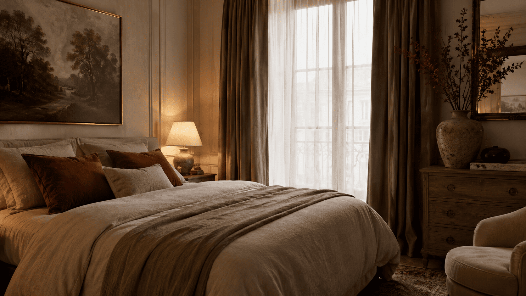 Chambre parentale adulte chaleureuse avec linge de lit haut de gamme, rideaux longs, vases et lumière douce.