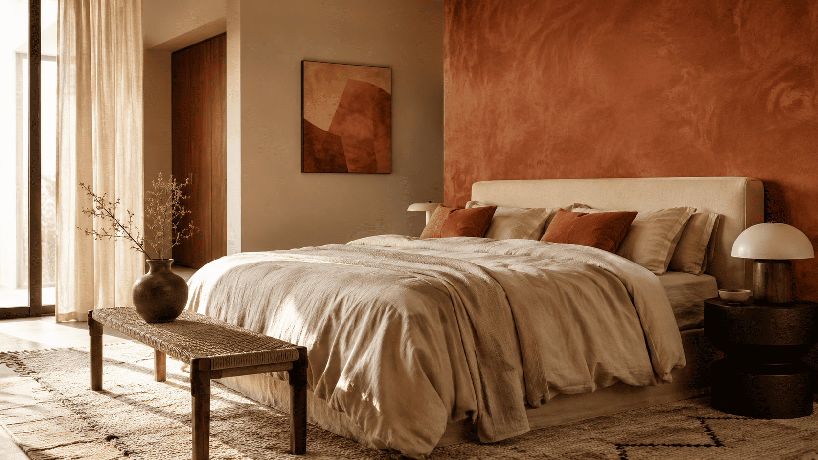 Chambre terracotta et beige avec linge de lit clair, coussins texturés et ambiance douce.