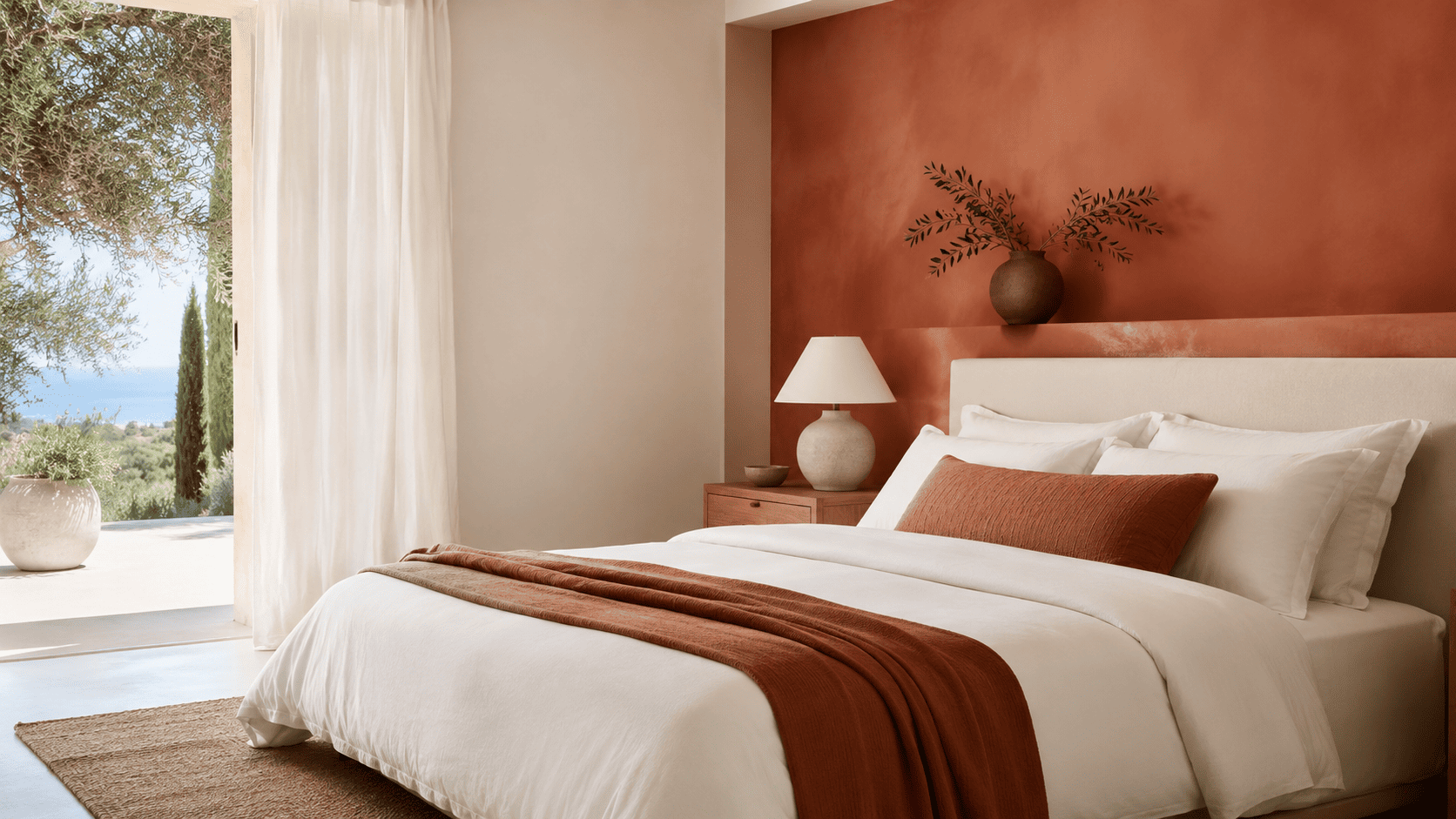 Chambre terracotta et blanc avec mur chaud, linge clair et décoration minimaliste lumineuse.