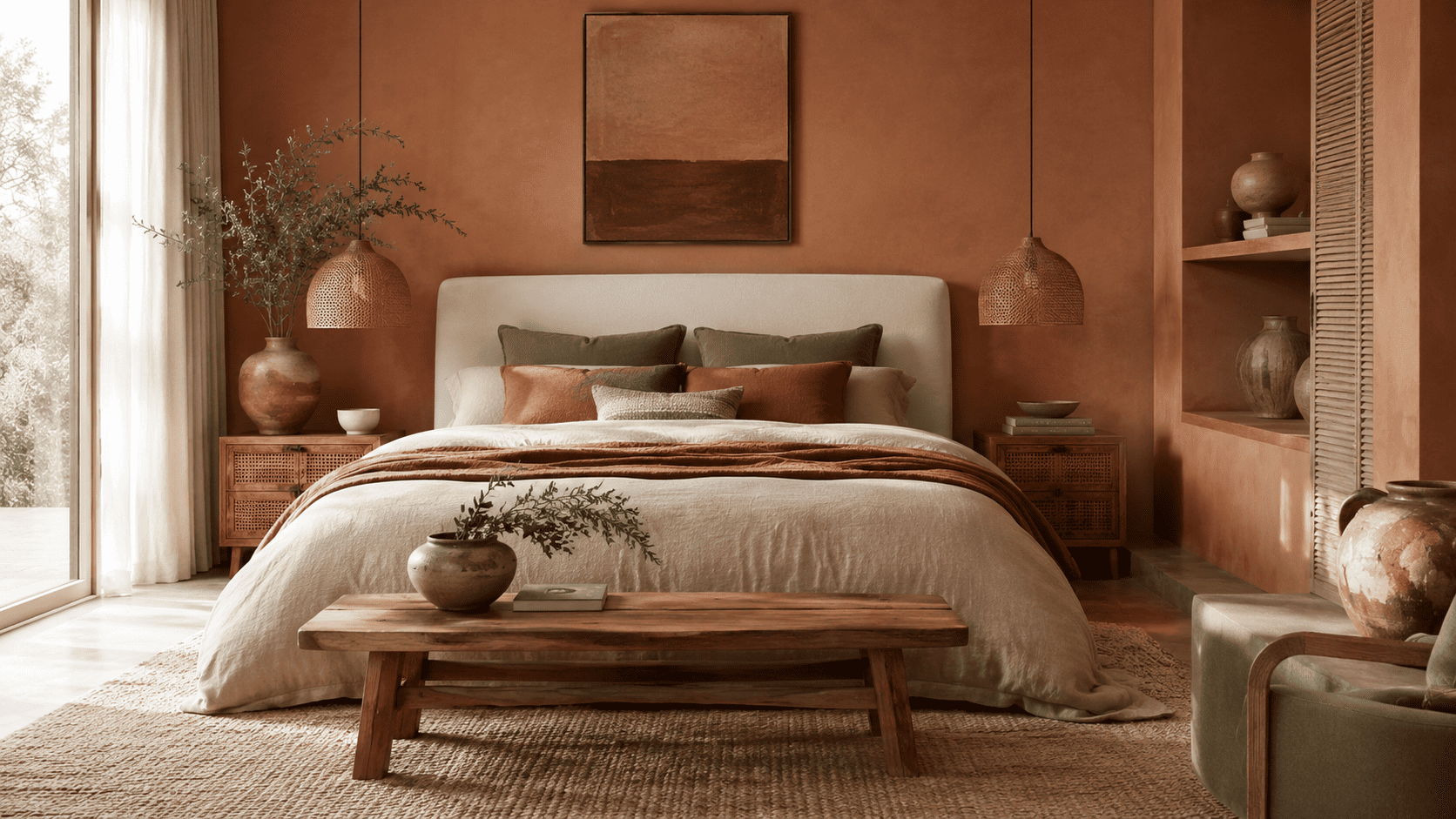 Chambre terracotta bohème avec tapis texturé, vase céramique, bois et touches végétales.